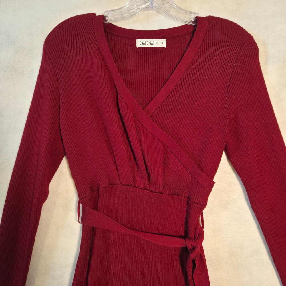 Grace Karin Sweater Dress Womens Medium Burgundy Ribbed Knit Wrap V-Neck Core - Picture 3 of 8